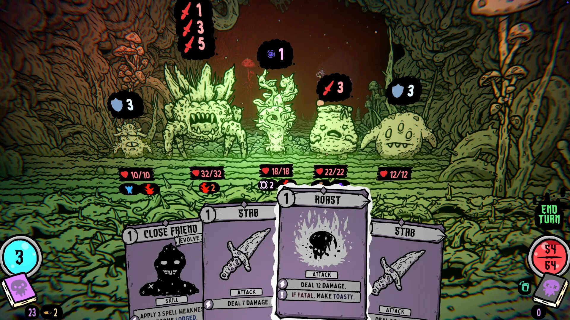 A Shroom and Gloom combat encounter with cards and enemy health visible